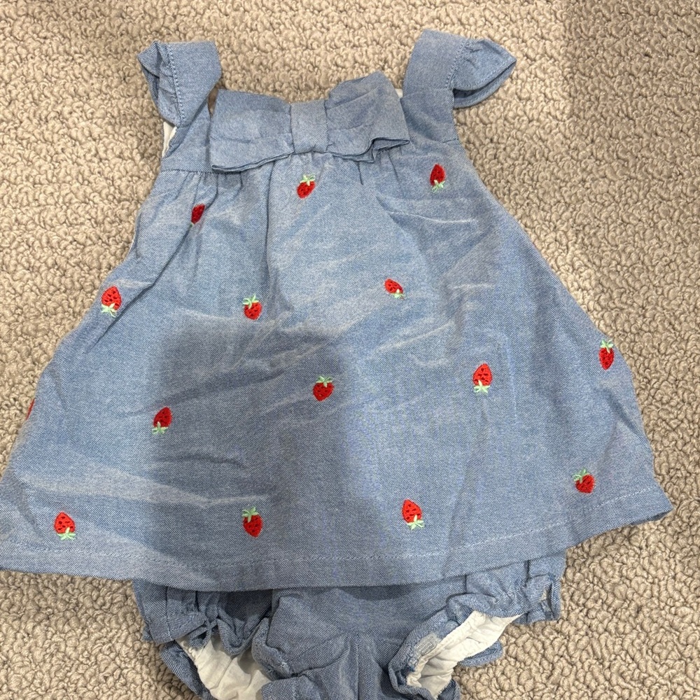 Janie and Jack chambray outfit with strawberries, matching hat.